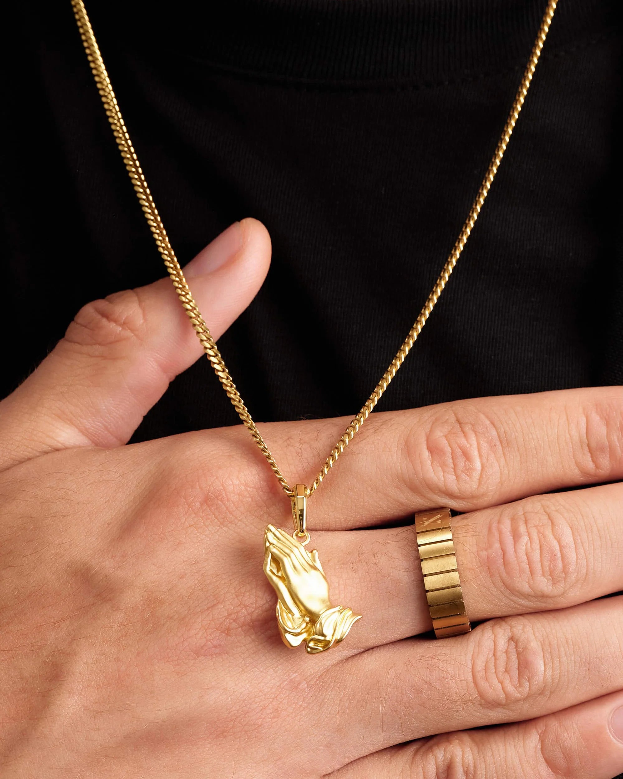 14K Cuban Link Chain With Praying Hands Pendant