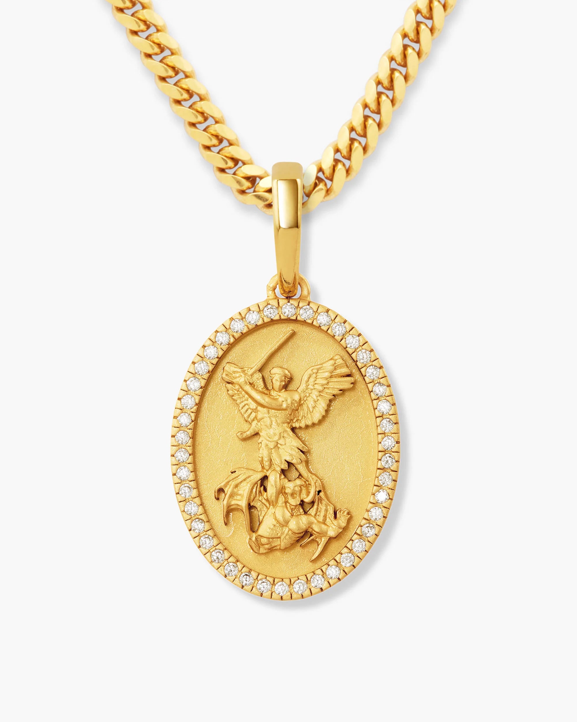 14K Cuban Link Chain With Studded San Miguel Pendant