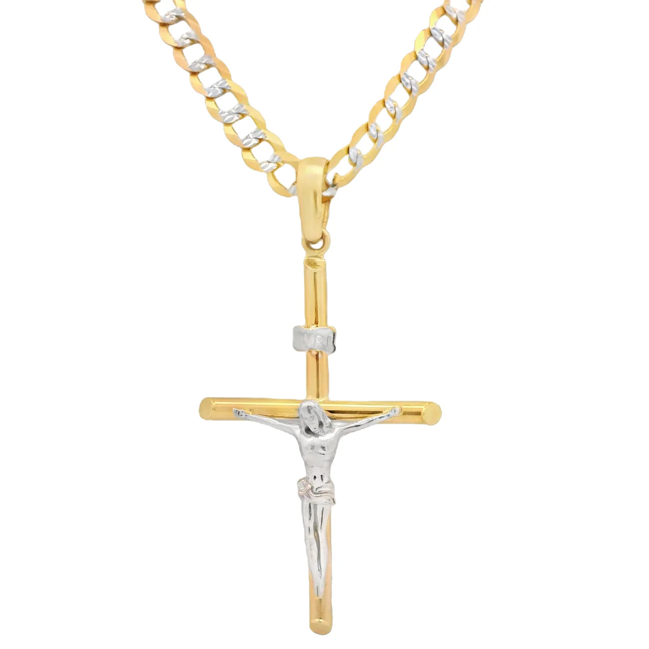 14K Cross Pendant W/ Solid Two Tone Cuban Chain (4.8MM - 22” Inches)