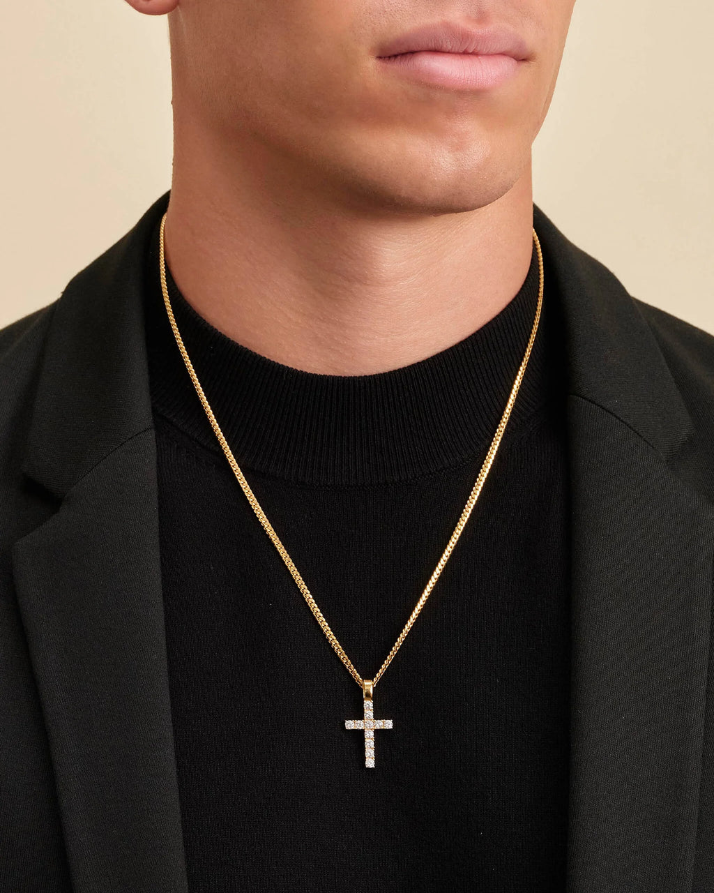 14K Cuban Link Chain Micro Studded Cross Pendant