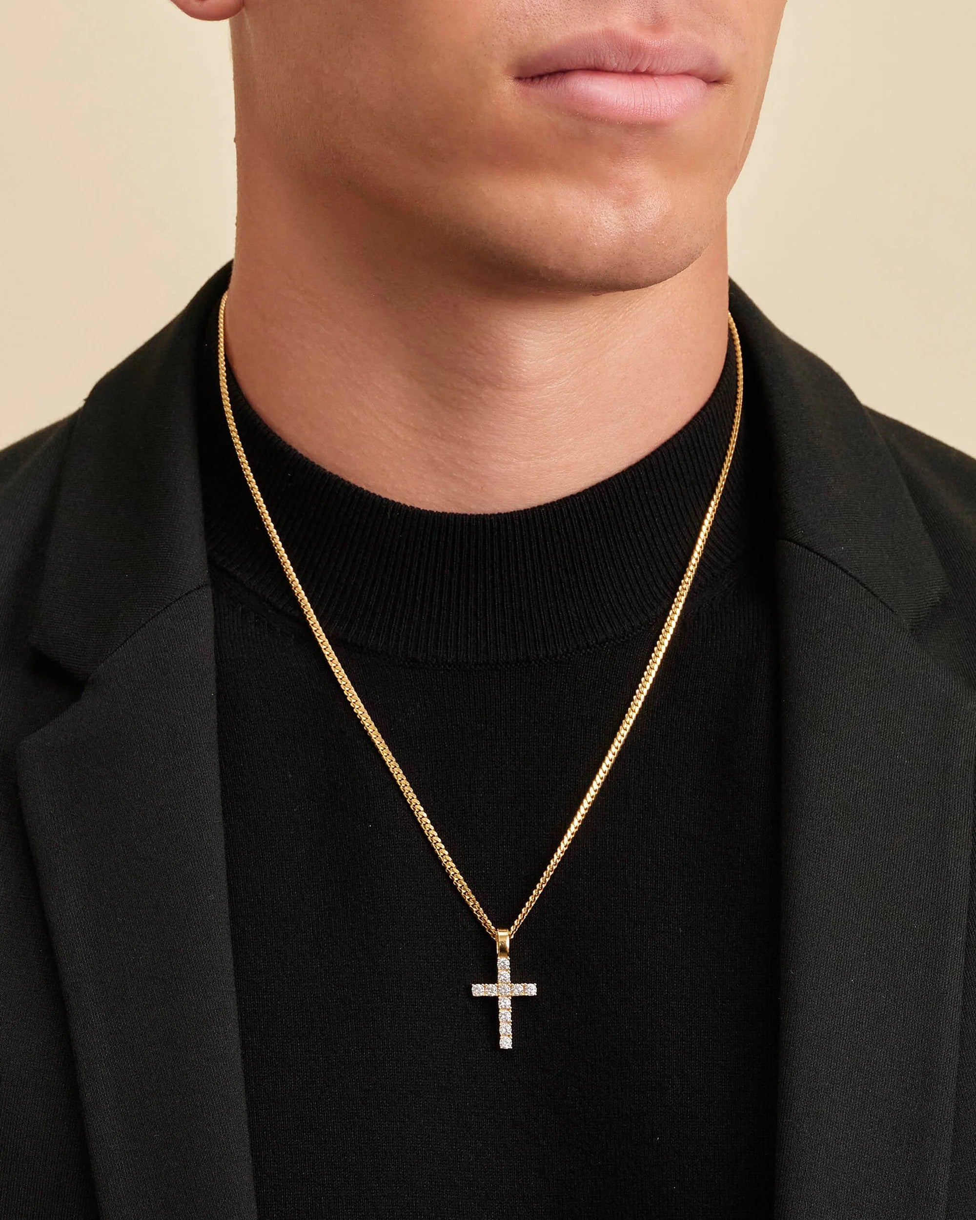 14K Cuban Link Chain Micro Studded Cross Pendant
