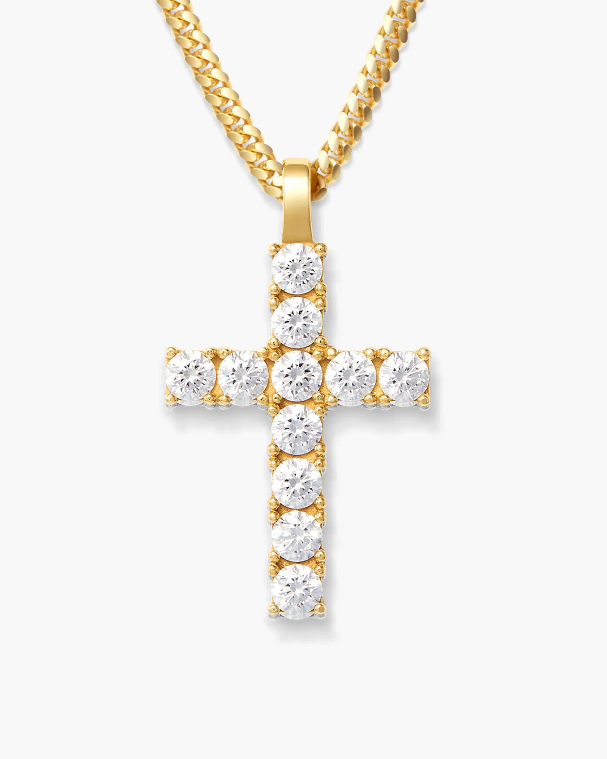 14K Cuban Link Chain Micro Studded Cross Pendant